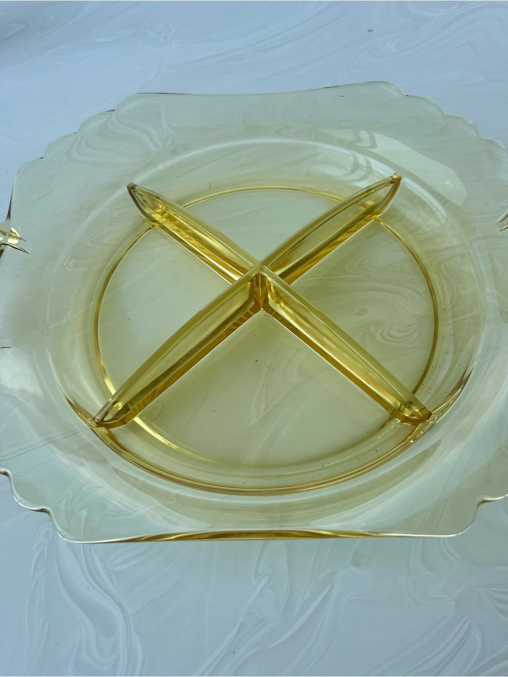 Fostoria Mayfair Fairfax 1930s Topaz Yellow Gold Divided Condiment Dish
